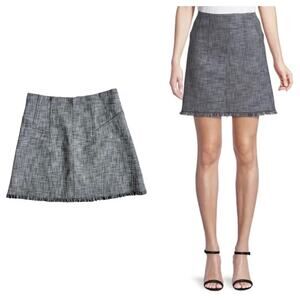 Rebecca Taylor Slub Suiting A-Line Skirt Size 10 Fringe Hem Gray Black